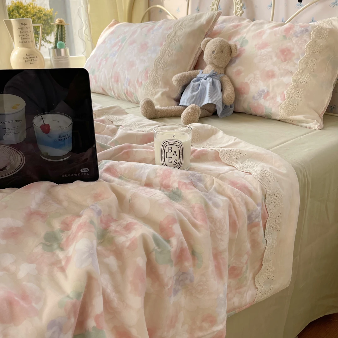 适禾家2025新款法式复古蕾丝贴边双层纱夏被单件床上用品套件柔软