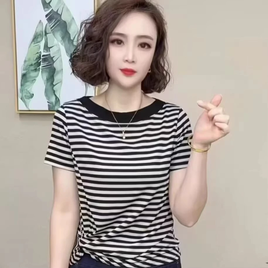 洋气妈妈装短袖条纹T恤上衣夏季不规则纯色打底衫中年女减龄小衫