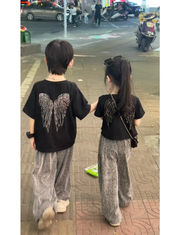 【城恩专属】女童天使翅膀亮钻短袖流星雨阔腿裤男童翅膀时髦两件套