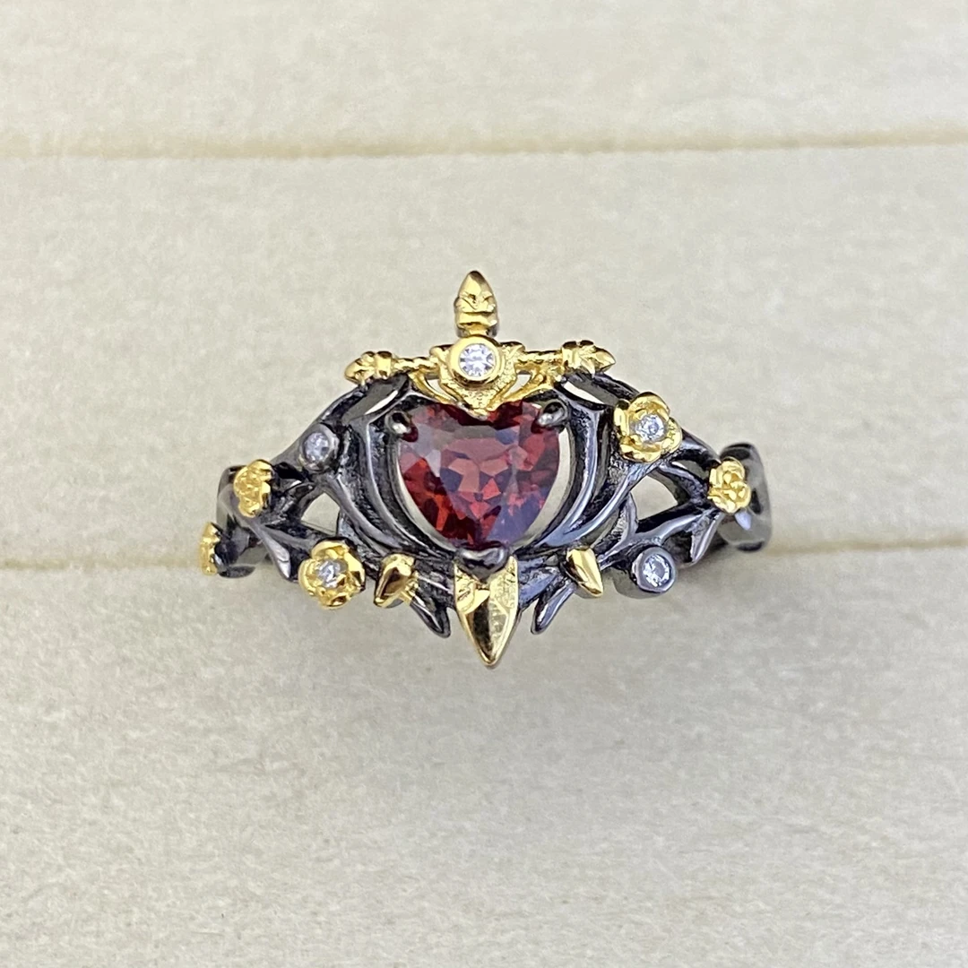 黑色托 天然石榴石戒指s925银 复古小众设计款个性高级时尚百搭A