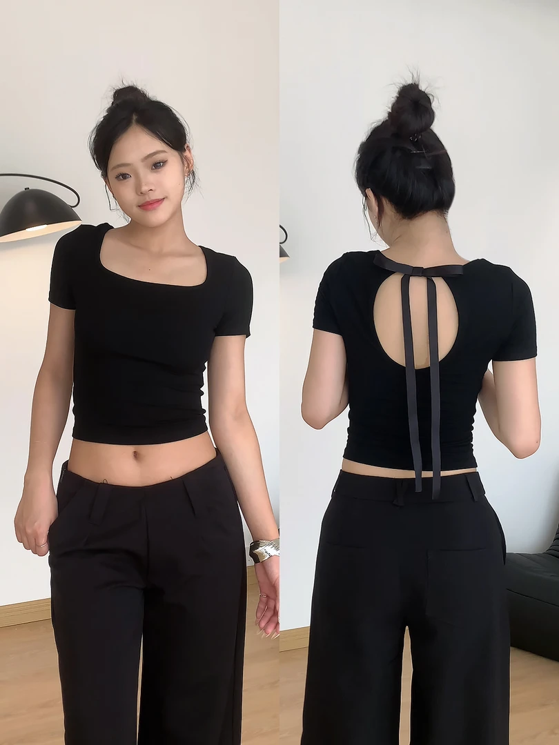 后背镂空黑色蝴蝶结露背上衣女夏季美式方领修身显瘦短款正肩t恤