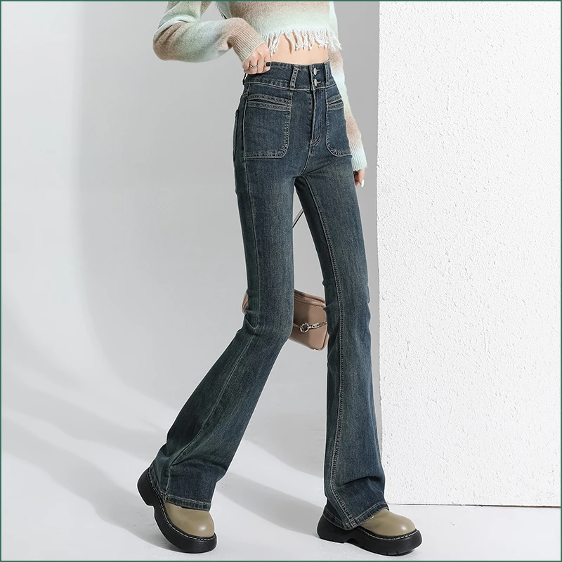 水泥灰微喇牛仔裤女秋冬新款高腰显瘦修身复古小个子喇叭裤子加绒