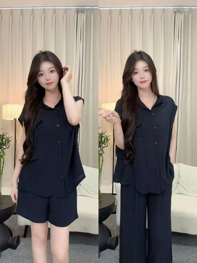 【清清】三件套休闲套装女2025夏季宽松短袖衬衫+高腰显瘦直筒裤