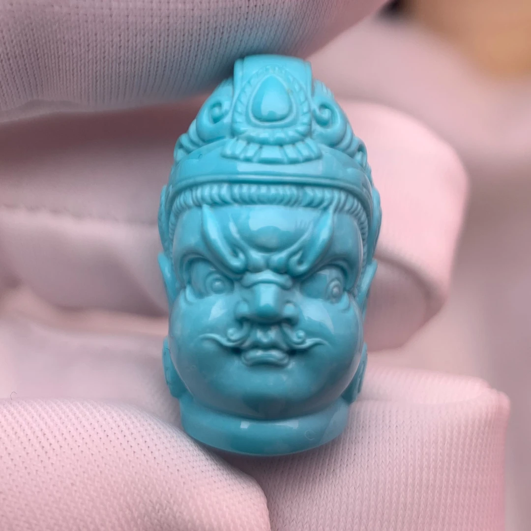 原矿绿松石高瓷蓝黄财神雕件配串吊坠