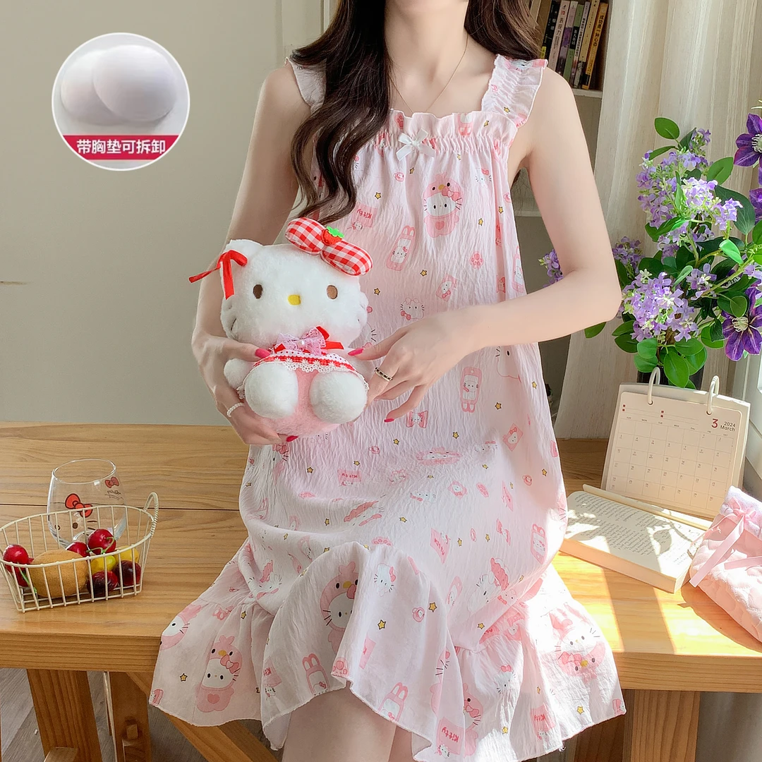 带胸垫睡裙女吊带甜美卡通学生少女可外穿中长裙家居服睡衣夏季
