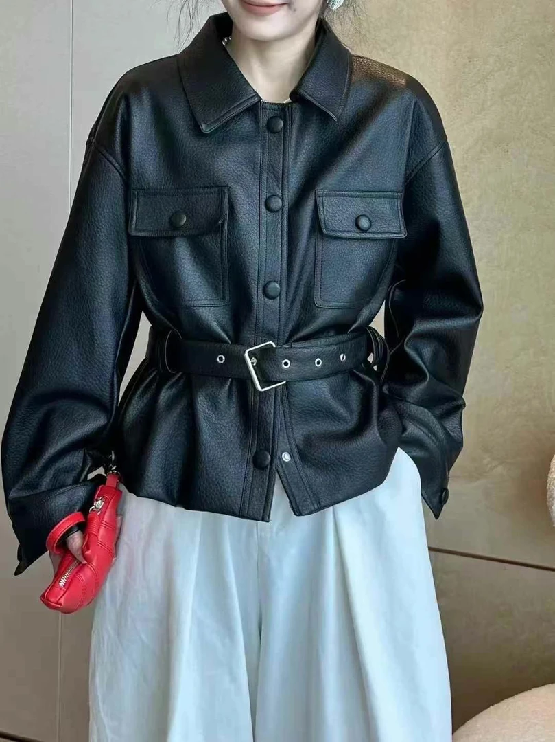 polo领腰带皮衣外套女欧洲站2025年春季新款甜酷百搭复古机车上衣