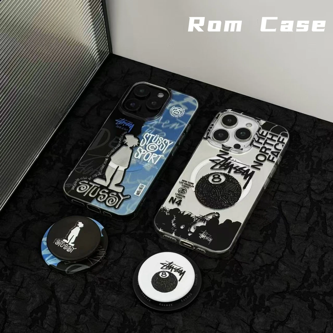 手机壳磁吸imd适用苹果17P/16P斯图家线条黑八小众夏季潮流烫银壳