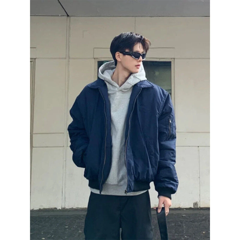 藏青色保暖夹克潮流秋冬外套男女黑色拉链上衣休闲百搭情侣外套