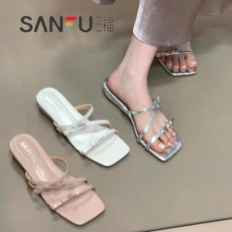 爆款方头粗跟软底蝴蝶结一字拖鞋女夏外穿2025新款仙女风粉色凉鞋