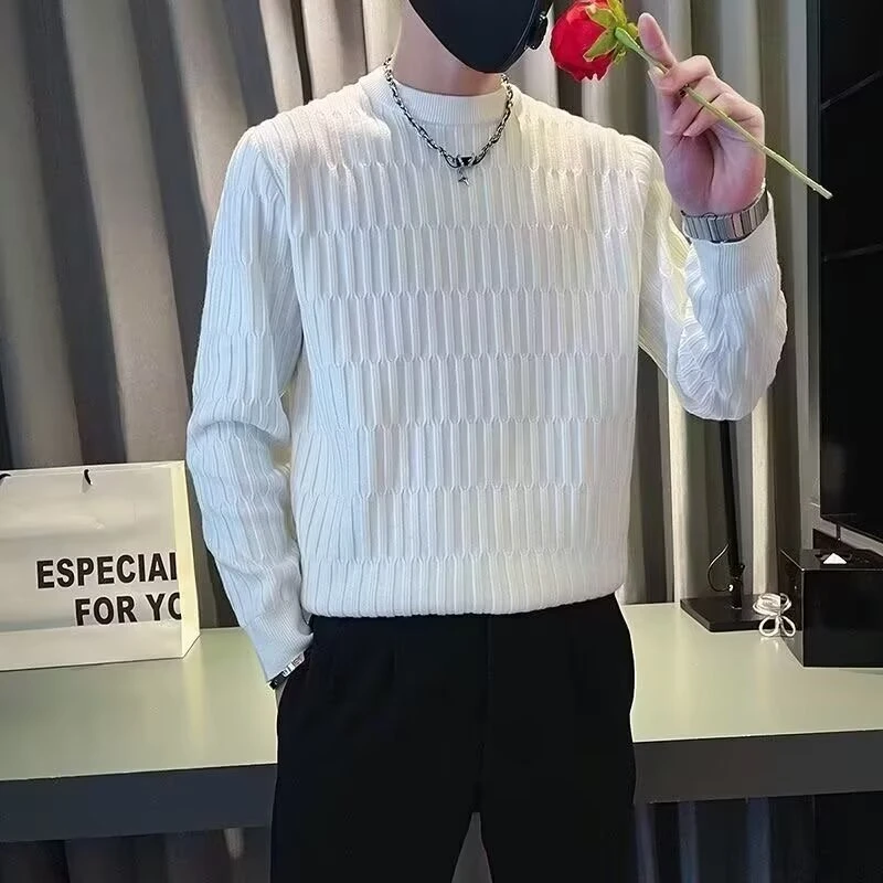 【原版】秋冬新款时尚针织衫男麻花褶皱长袖加绒卫衣慵懒风毛织线衣