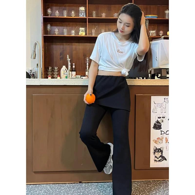 喇叭裤女高腰夏薄季2025新款修身微喇垂感假两件裙裤显瘦马蹄裤子