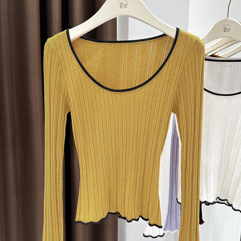 圆领长袖拼接撞色打底T恤女秋季新款简约风内搭洋气叠穿短款上衣