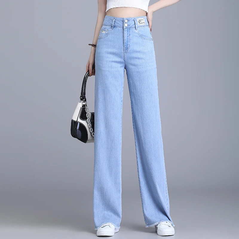 品牌2025秋季直筒牛仔裤女垂感高腰宽松窄版显瘦阔腿长裤子浅蓝色