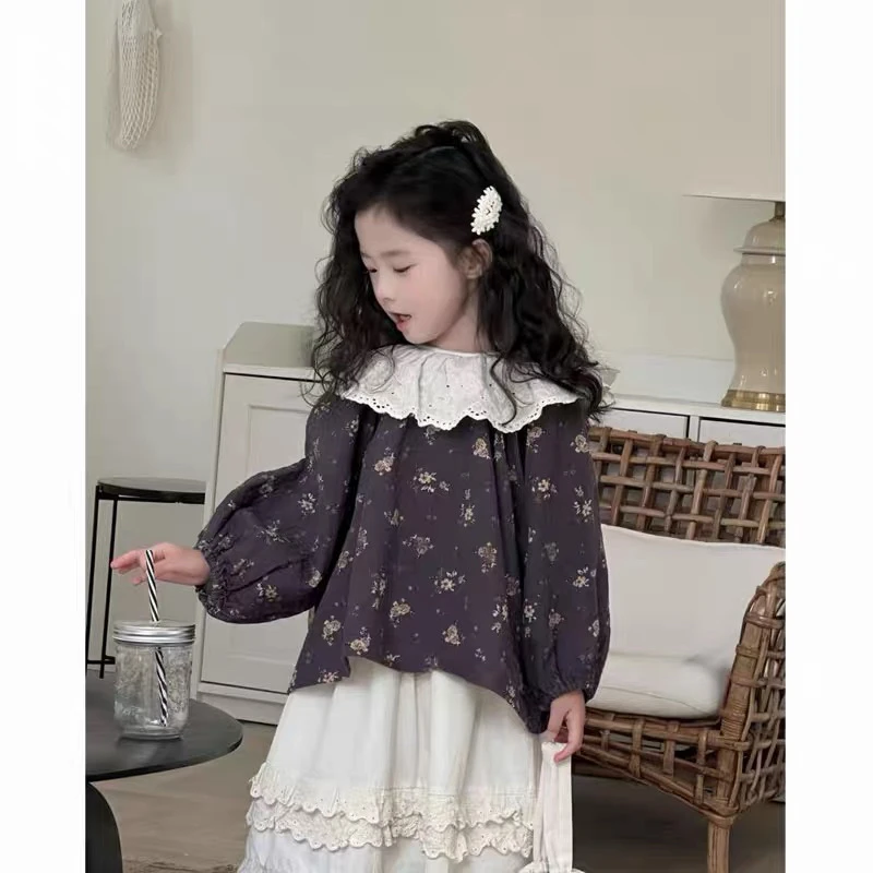 女童春秋套装2024复古花荷叶领衫百搭上衣小女孩米白色半身裙两件