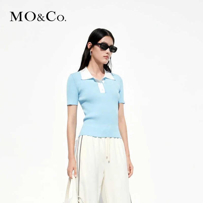 【达人专属】MOCO撞色POLO领短袖修身针织衫法式MBC2SWTT04