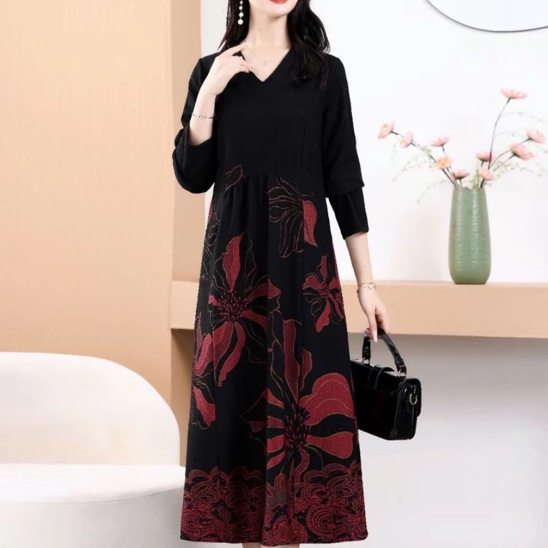 新款妈妈装春秋中长款气质洋气显瘦长袖宽松时尚过膝大码连衣裙