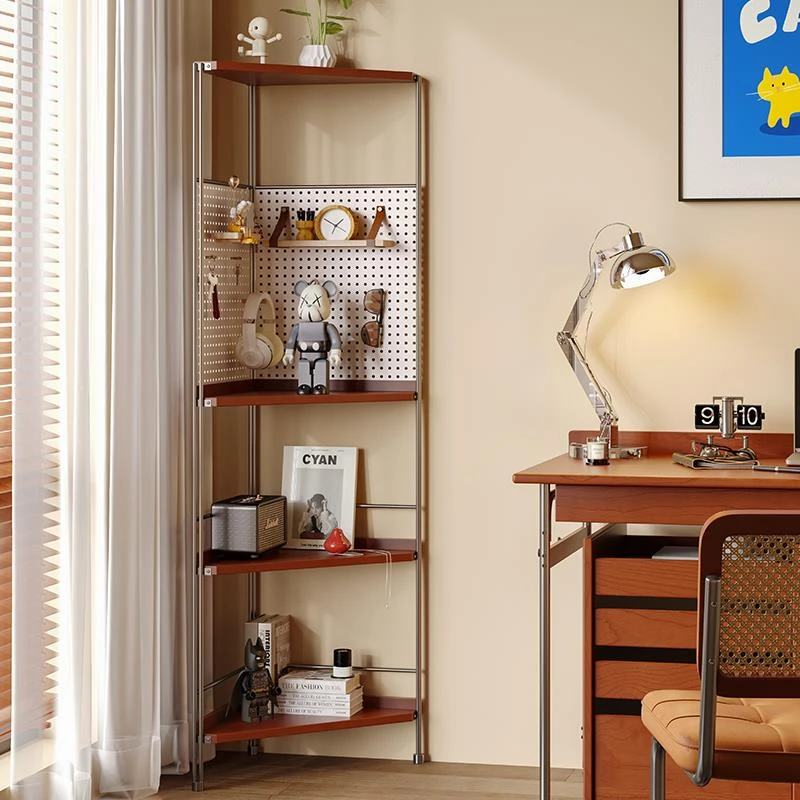 中古风转角置物架家用多功能三角实木展示柜客厅书架洞洞板收纳架