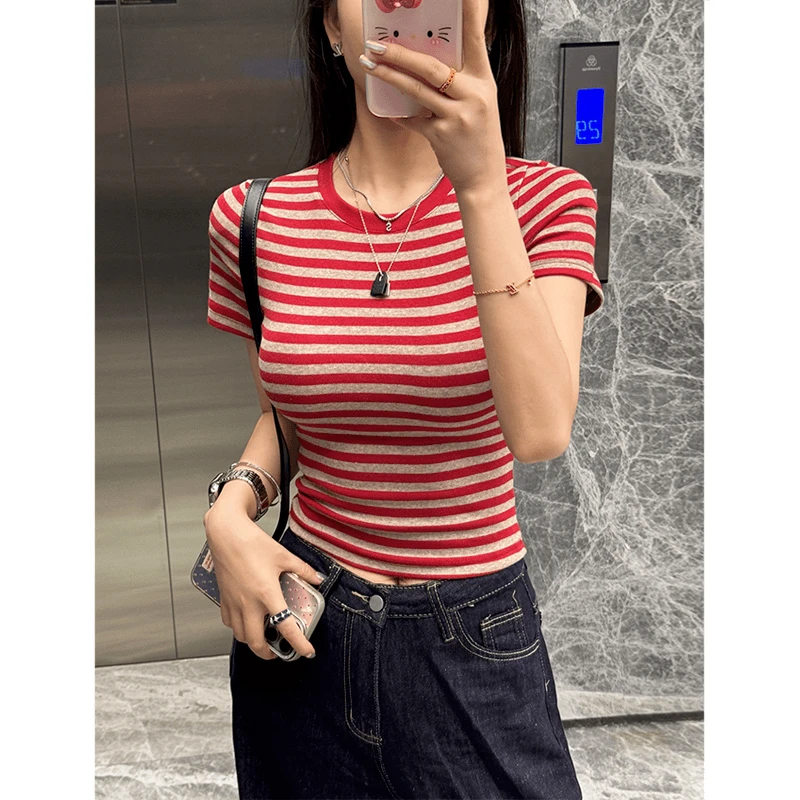 撞色条纹修身显瘦短袖t恤女装夏季新款设计感小个子辣妹短款上衣