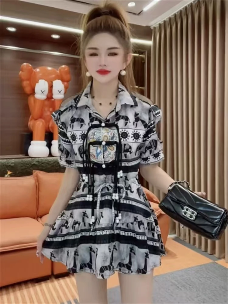 大码女装时尚休闲洋气上衣+短裤中国风套装2025夏季新款遮肉显瘦