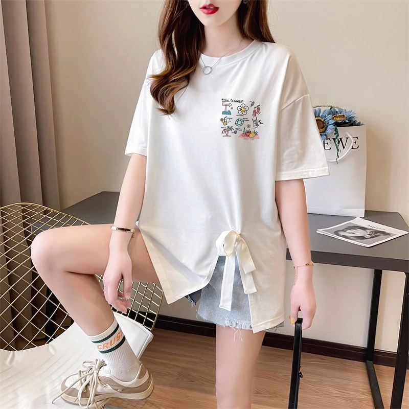 高级感好看短袖t恤女夏别致漂亮开叉绑带今年流行爆款半袖上衣服