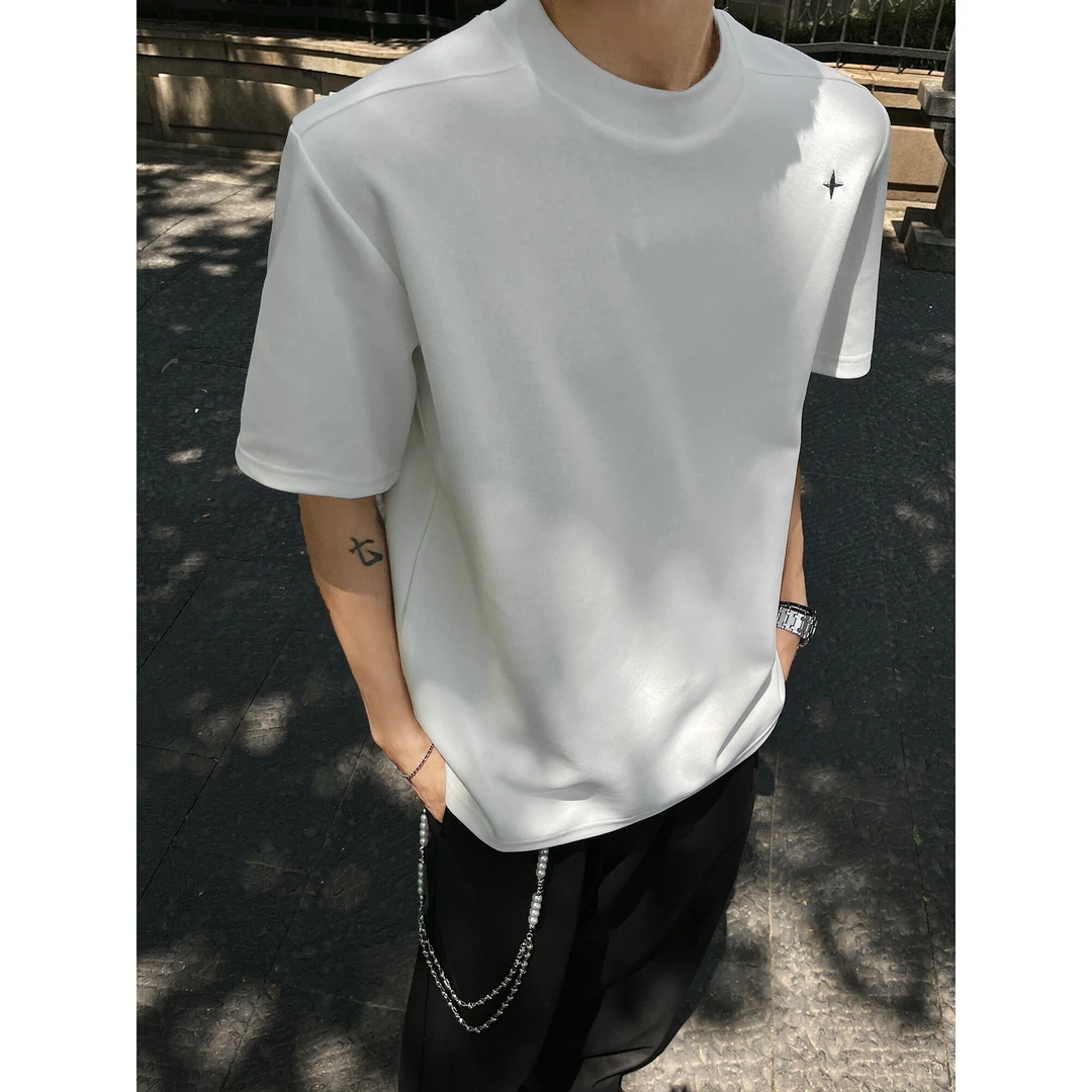 美式极简星刺绣短袖夏季廓形cleanfit重磅t恤小众设计感五分半袖