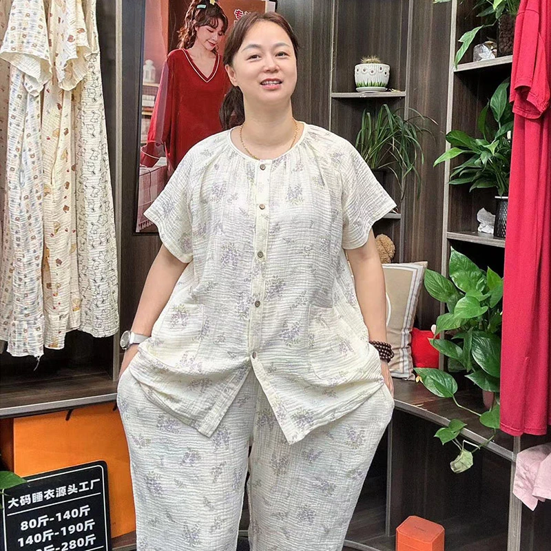 夏季新款纯棉睡衣大码印花家居服短袖七分裤胖mm薄款双层纱布开衫