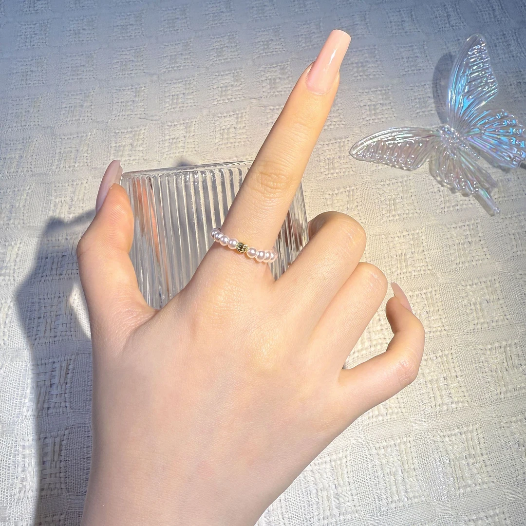 合金戒指 女设计感日韩轻奢珍珠戒指通用法式白色百搭可调节指环