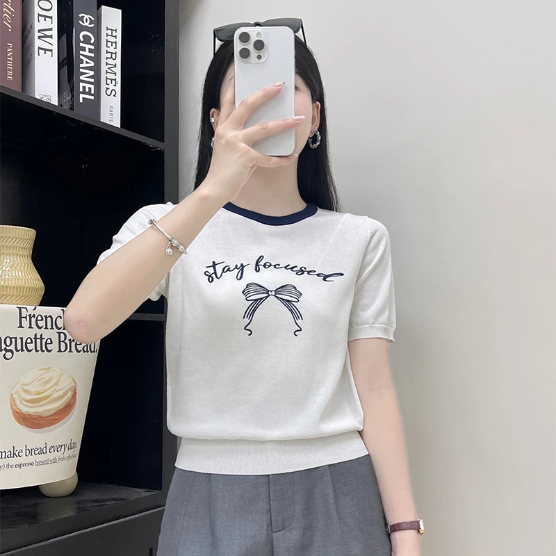 夏季针织衫女字母蝴蝶结刺绣设计小众短袖25新款时尚百搭圆领上衣