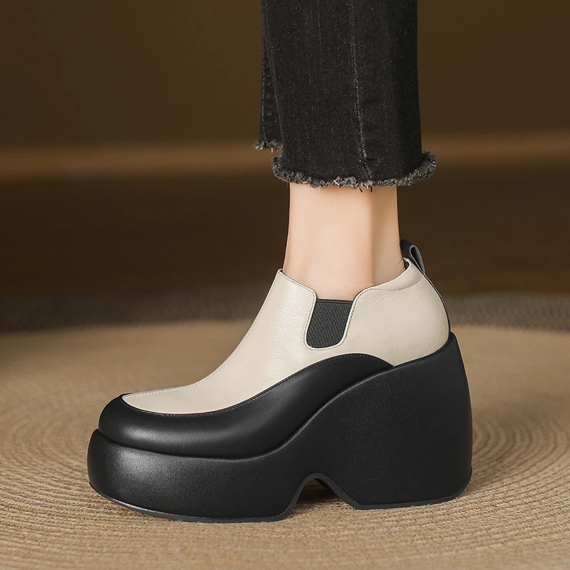 10cm手工女鞋黑色单鞋久穿不累厚底乐福鞋小个子真皮深口高跟鞋