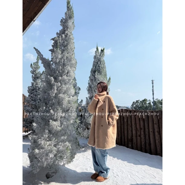 『PEACHZHOU』100羊毛双面穿宽松可调节翻立领中长款保暖大衣外套
