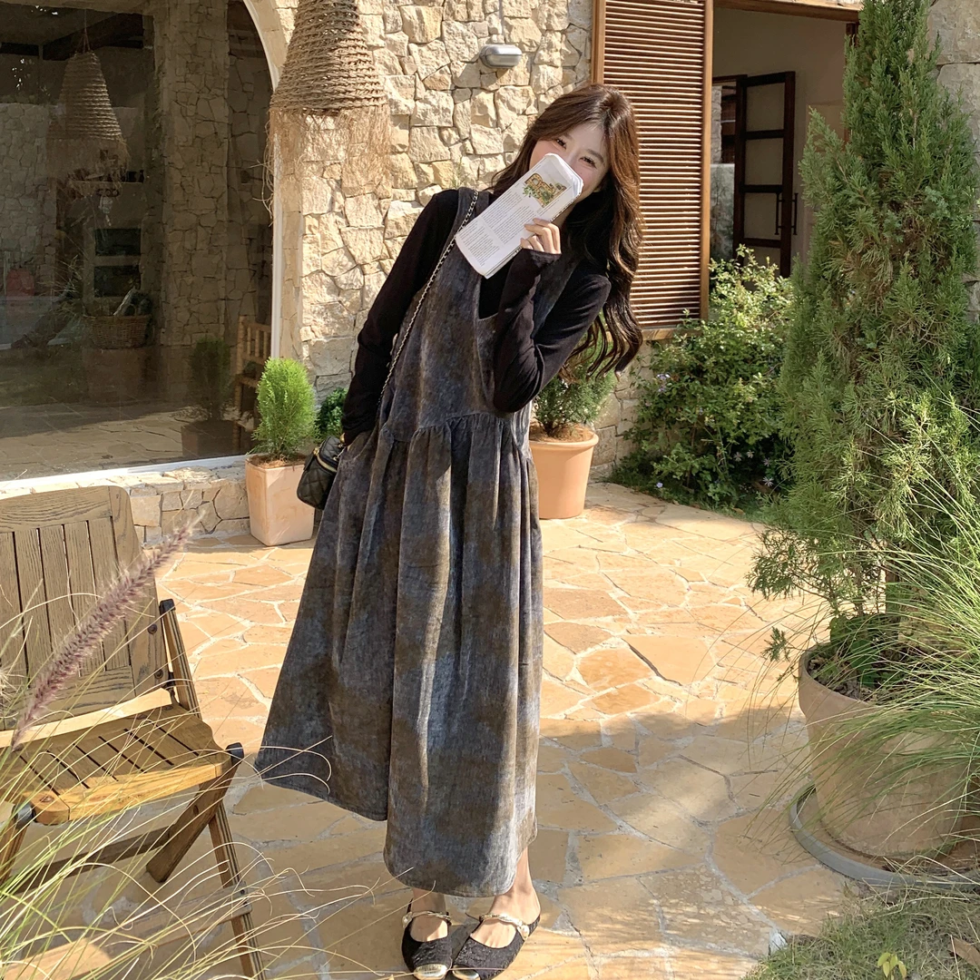 法式晕染丝绒背心裙打底套装女2025春秋新款复古文艺气质两件套