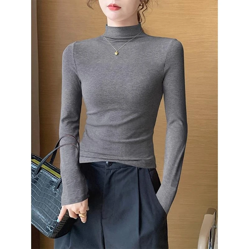 VOCKOO黑色针织半高领长袖打底衫女春秋冬2025新款内搭修身紧身中
