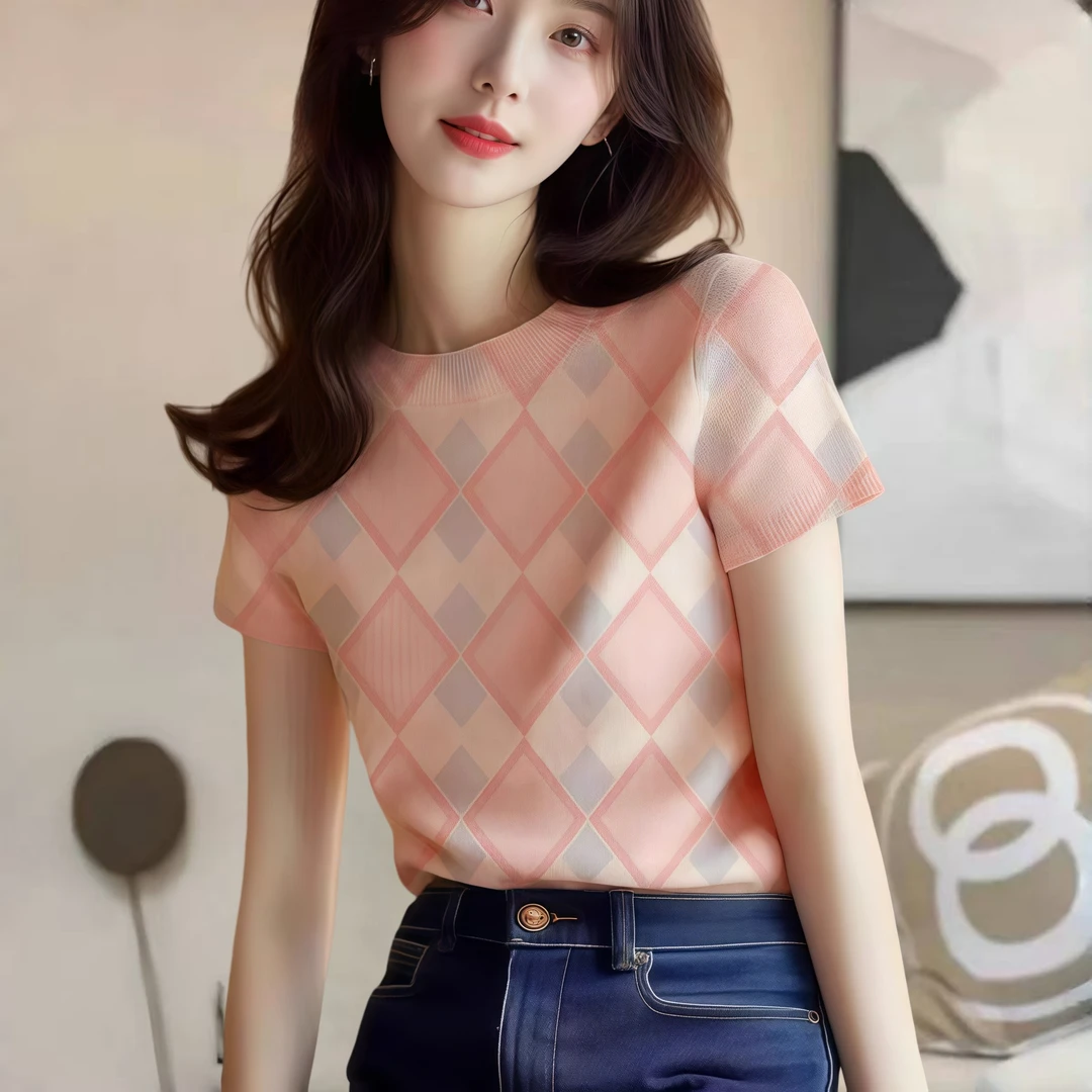 韩系减龄多巴胺针织格纹短袖t恤女夏季时尚修身显瘦休闲冰丝上衣