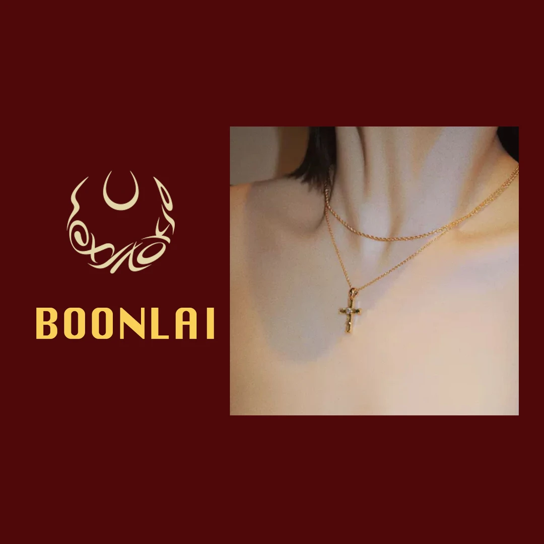 铜合金项链 Boonlai 气质简约双层链条金色十字造型镶钻项链1813