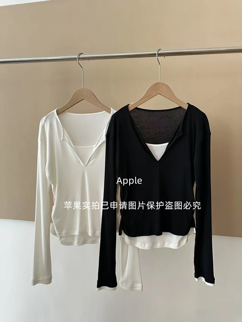 〖苹果推荐〗秋季新款长袖弹力常规T恤韩版毛针织衫假两件