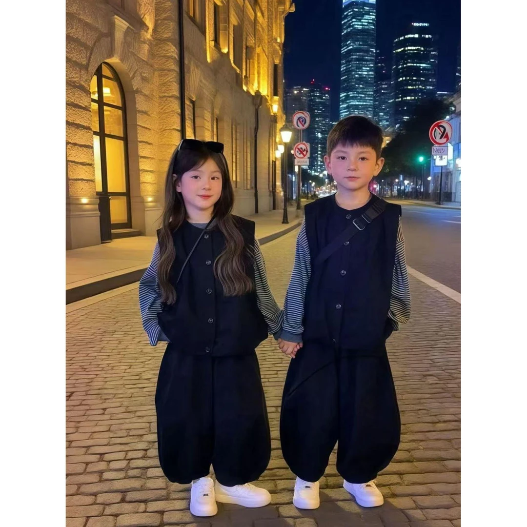 女童时髦套装春秋2025新款潮儿童姐弟装韩版中大童马甲三件套洋气