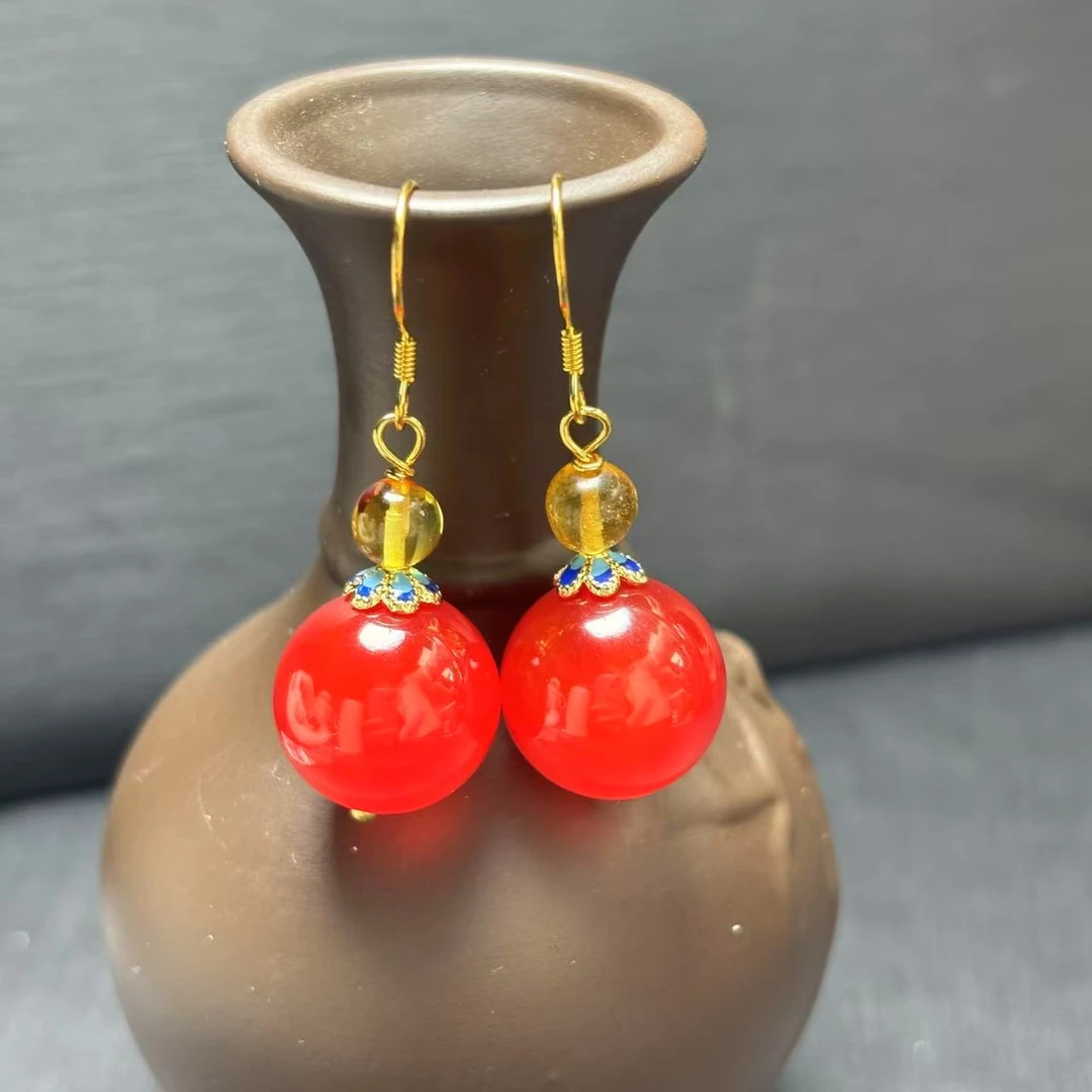 SY6962-卡14左右-阿拉善红金灵瑙红耳钩一对