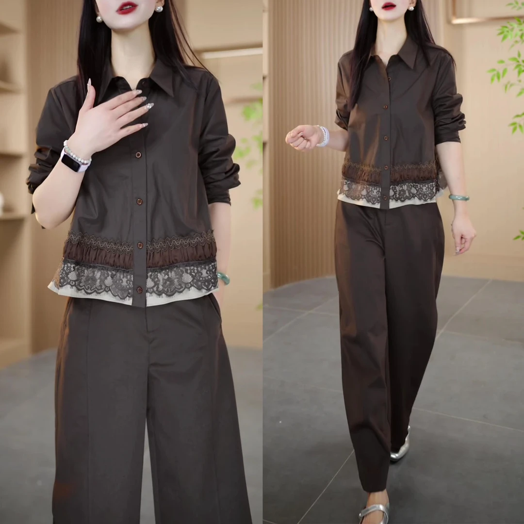2025秋季新款时尚气质显瘦设计感蕾丝拼接长袖上衣阔腿裤两件套女