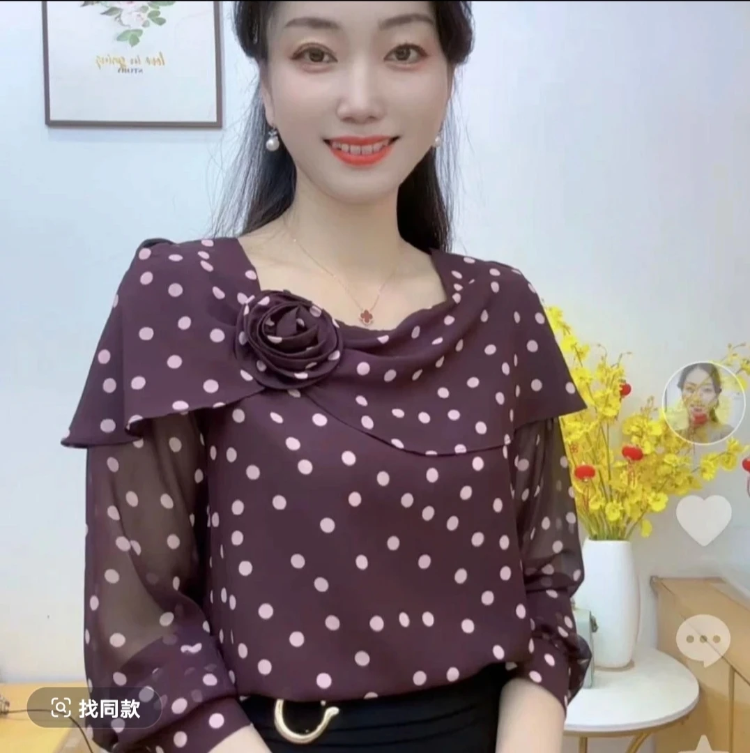 时尚气质荷叶边夏季圆点方领波点小衫