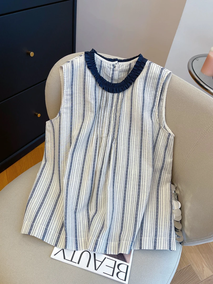 条纹无袖背心衬衫女外穿2025新款夏季独特洋气别致小衫高级感上衣