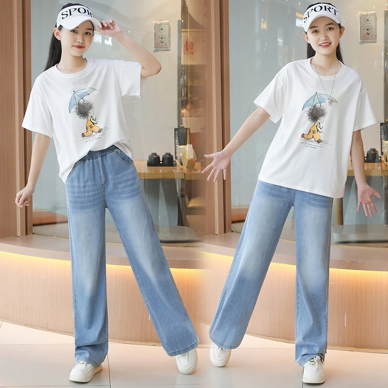 女童夏装2025新款青少年学生卡通印花T恤搭配休闲时尚轻薄牛仔裤