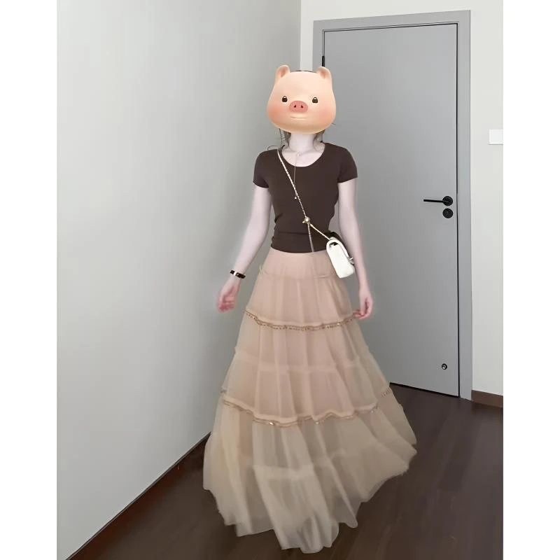 夏季新款法式温柔风圆领正肩短袖T恤女气质高腰显瘦半身裙两件套