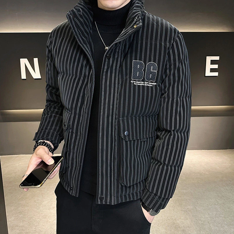 高端条纹羽绒服男士冬季2025年新款潮牌加厚保暖时尚帅气短款外套