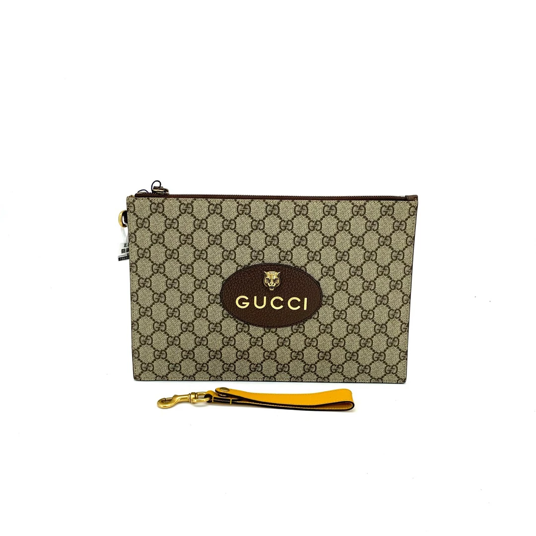 99新 GUCCI/古驰 经典时尚休闲潮流老花虎头手拿包 尺寸30/20男士