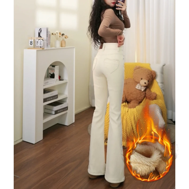 加绒老钱风微喇牛仔裤女2025新款高腰弹力喇叭裤子冬季长裤修身