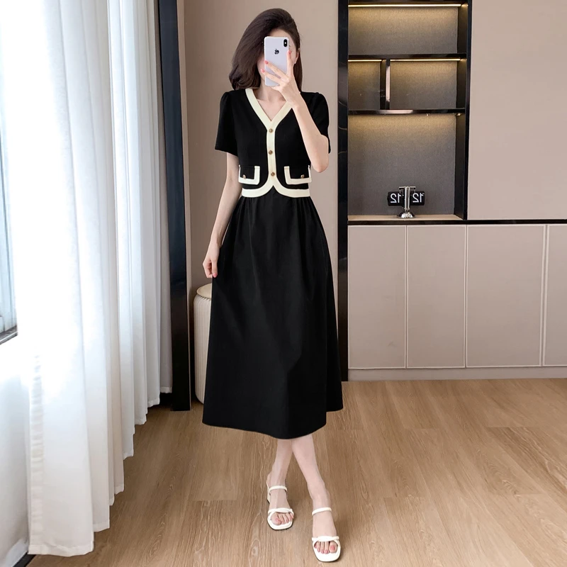 假两件连衣裙夏季新款小香风收腰显瘦气质领黑长裙