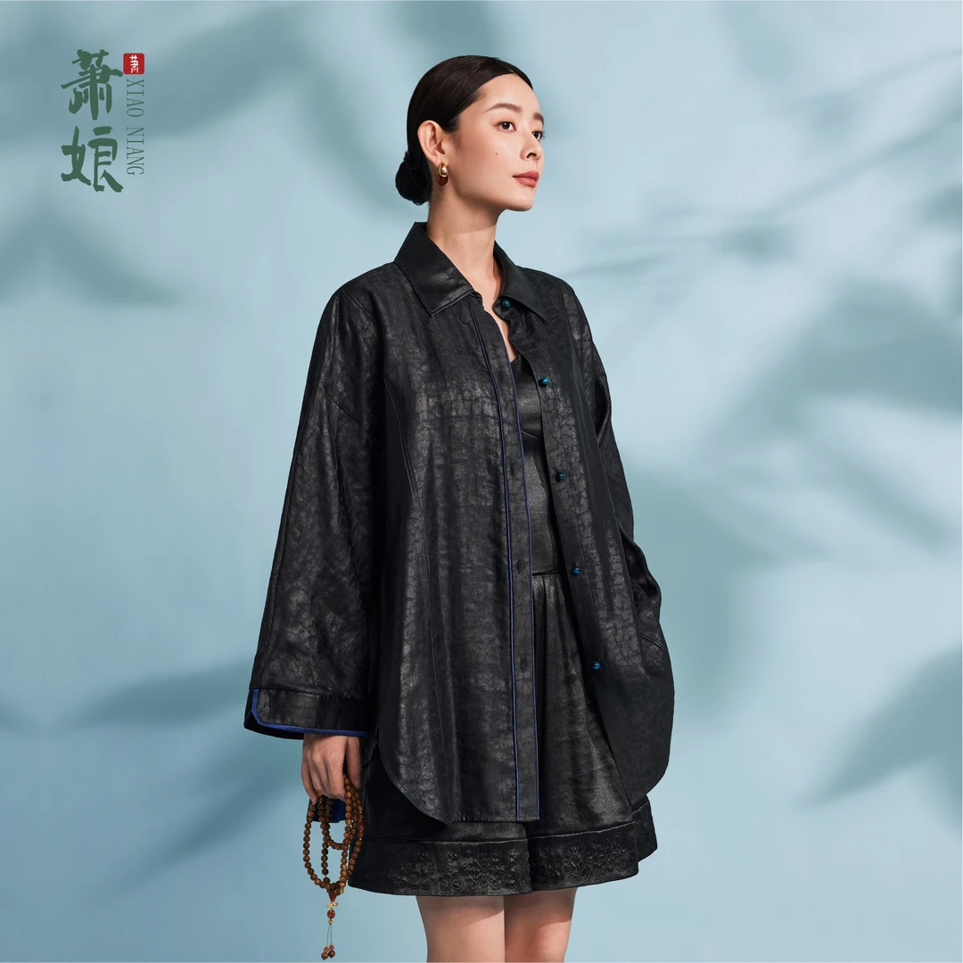 萧娘【澜桉】缎龟香云纱新中式长袖外套桑蚕丝衬衣国风女上衣1681