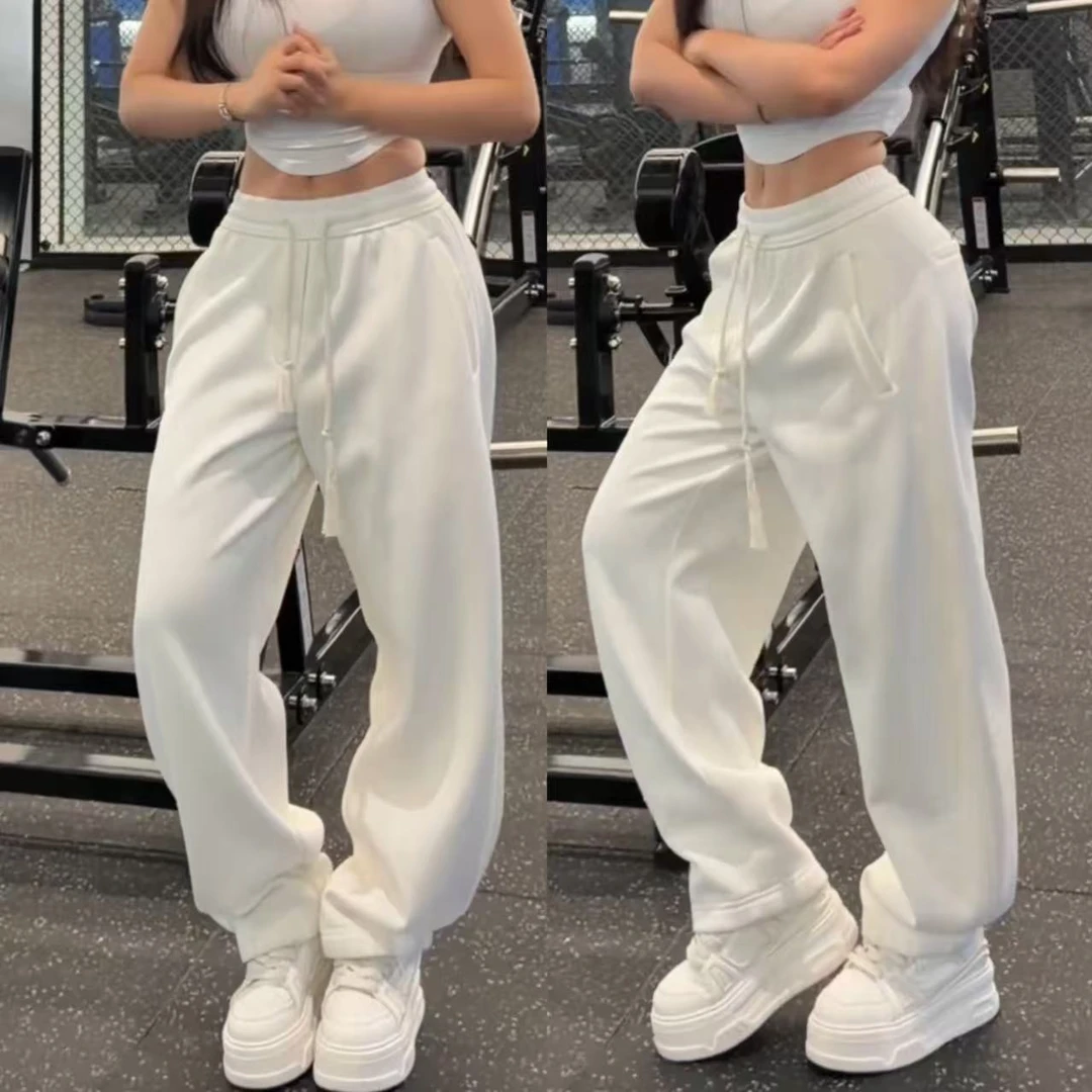 冬季新款刺绣纯色加绒休闲裤男高级感保暖香蕉裤宽松运动弯刀卫裤