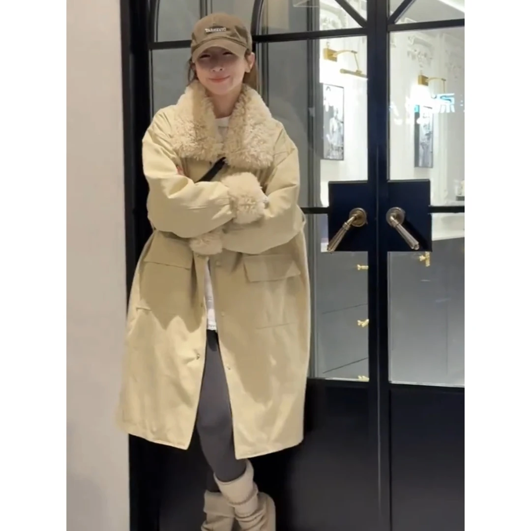 杏色复古毛毛拼接立领白鸭绒羽绒服中长款派克服百搭保暖长款外套