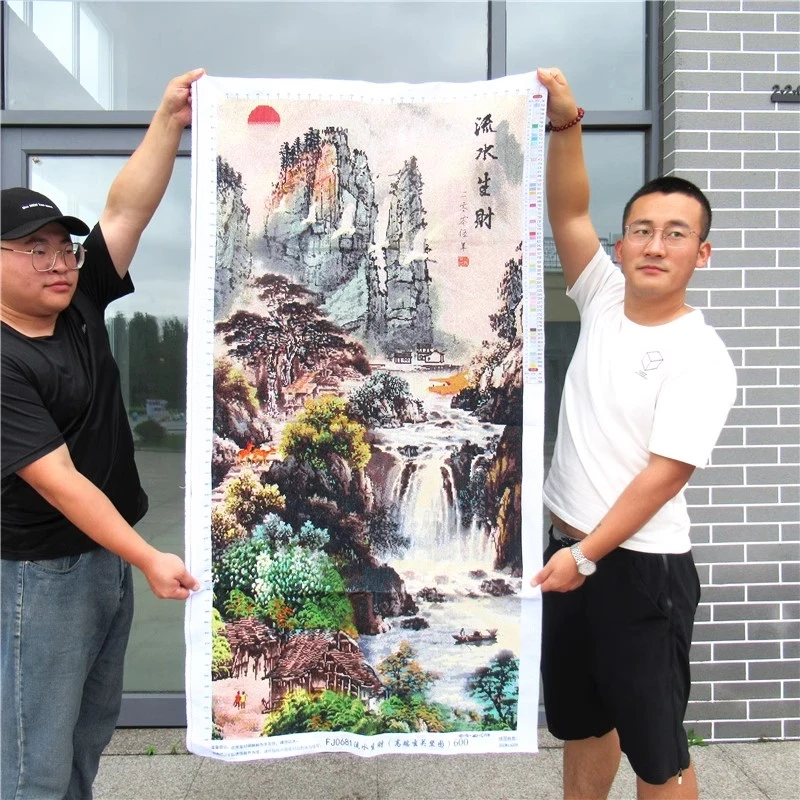 纯手工十字绣成品流水生财竖版山水风景玄关客厅满绣现代中式挂画